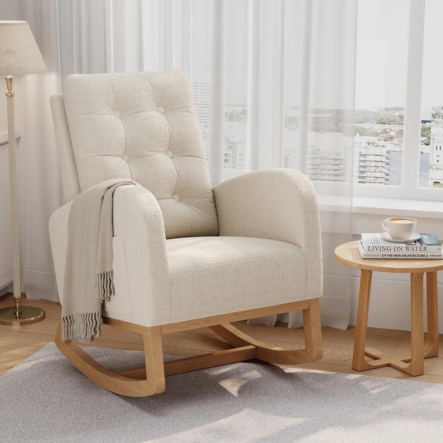 GarveeHome Nursery Rocking Chair with Adjustable Footrest, Teddy Fleece Upholstery, Sturdy Wooden Legs & High Backrest, Comfortable Glider Rocking Chair for Living Room or Bedroom, Pink