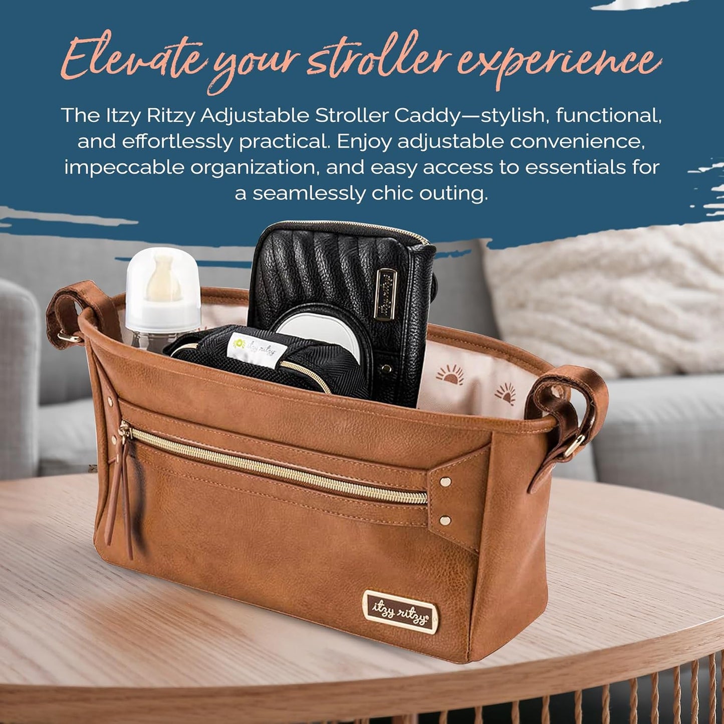 Itzy Ritzy Adjustable Stroller Caddy and Organizer Bag Featuring Front Zippered Pocket, 2 Built-In Interior Pockets & Adjustable Straps to Fit Nearly Any Stroller (Coffee and Cream)