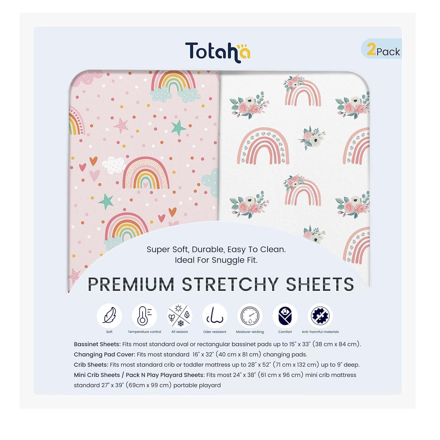 TotAha Premium Stretchy Bassinet Sheets for Baby Girl, Silky Comfort Cradle Sheets Fitted 18 x 36 for Oval, Rectangular, Hourglass Mattress, Hypoallergenic, Buttery Soft 2-Pack (Floral & Pale Pink)