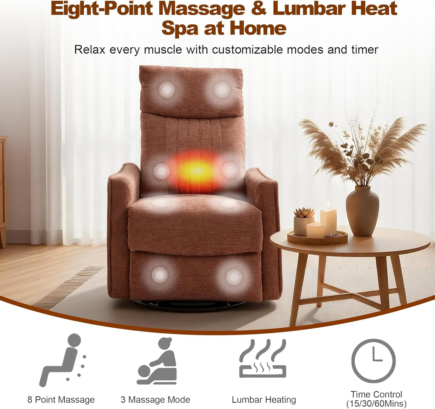 Casaphoria 360° Swivel Rocking Recliner Chair with Heat and Massage Upholstered Fabric Nursery Glider with Side Pocket for Living Room,Bedroom,Home Theater and RV Small Space(Light Gray)