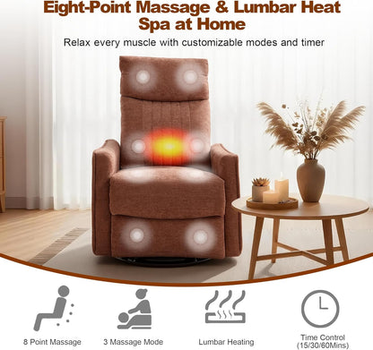Casaphoria 360° Swivel Rocking Recliner Chair with Heat and Massage Upholstered Fabric Nursery Glider with Side Pocket for Living Room,Bedroom,Home Theater and RV Small Space(Light Gray)