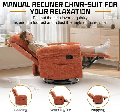 Korser Recliner Chair, Swivel Rocker Recliner Chair for Adults, Small Recliners for Small Spaces, Upholstered Manual Recliner with Side Pockets, Nursery Rocking Chair for Living Room, Chenille, Beige