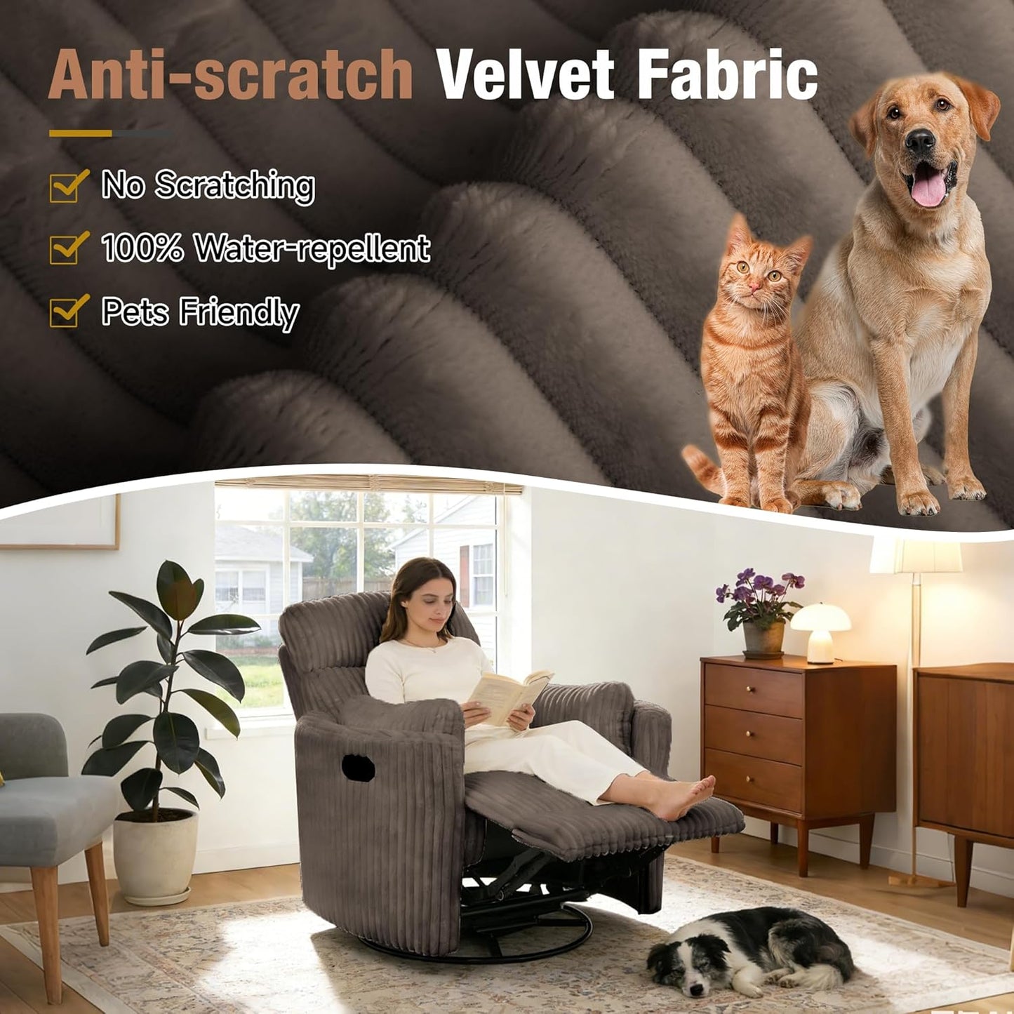 Oversized Swivel Rocking Chair, Manual Large Rocker Recliner Chairs for Adults, Corduroy Nursery Glider Barrel Chair with 2 Pillows, Wide Recliner for Living Room, Bedroom, Nursery, White