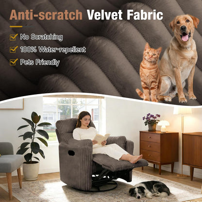 Oversized Swivel Rocking Chair, Manual Large Rocker Recliner Chairs for Adults, Corduroy Nursery Glider Barrel Chair with 2 Pillows, Wide Recliner for Living Room, Bedroom, Nursery, White