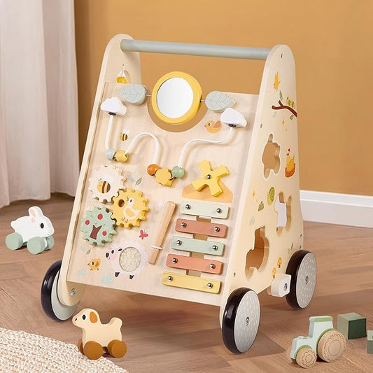 Pithfor Wooden Baby Push Walker, Baby Walker with Activity Center for Girls Boys, Montessori Sensory Push Toys for Babies Learning to Walk & Sit-to-Stand