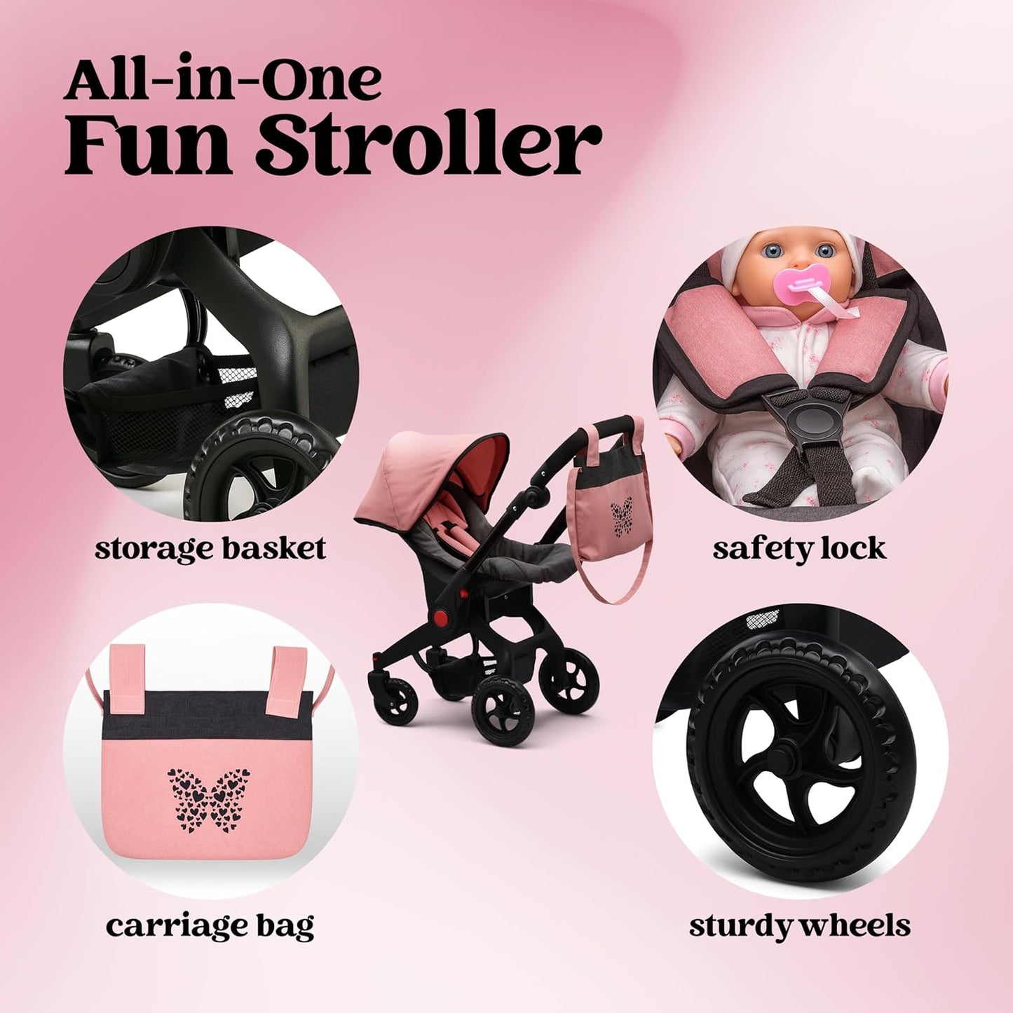 Baby Doll Convertible Travel Stroller for Girls Toddler Play Toy Car Seat Two in One Foldable Carriage for Kids with Diaper Bag Pretend Play Stroller for Doll