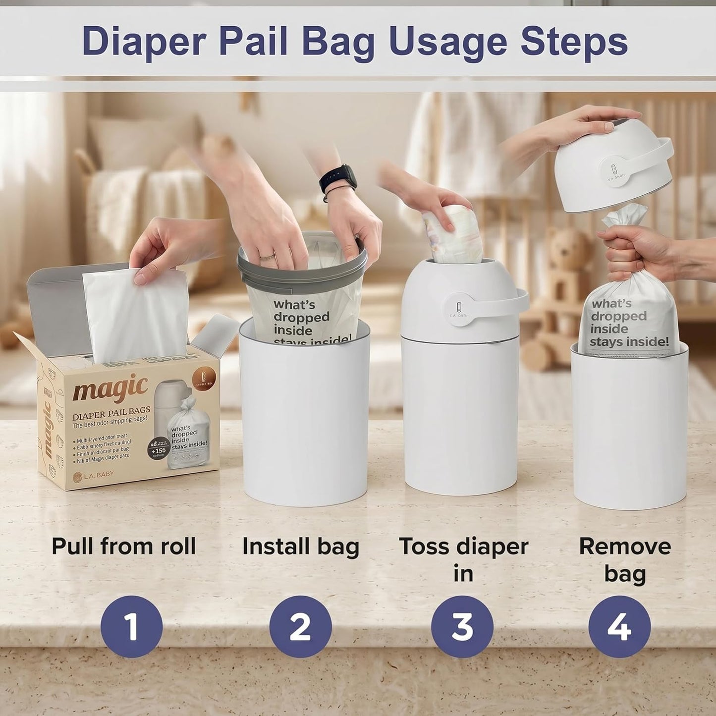 L.A. Baby Magic Diaper Bags - Diaper Pail Refill Bags 45 Count - Multi-Layer 100% Odor-Free Disposable Diaper Bag - Holds 1125 Diapers - Extra Strong No Leak