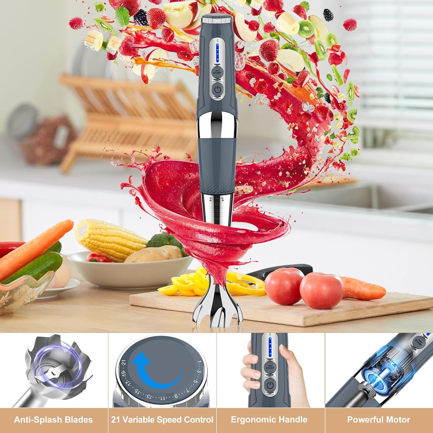 Toogel Cordless Immersion Blender, Electric Hand Blender with 21-Speed & 3-Angle Adjust, USB Rechargeable, BPA-Free & Dishwasher Safe for Baby Food, Smoothies, Soup (Grey)