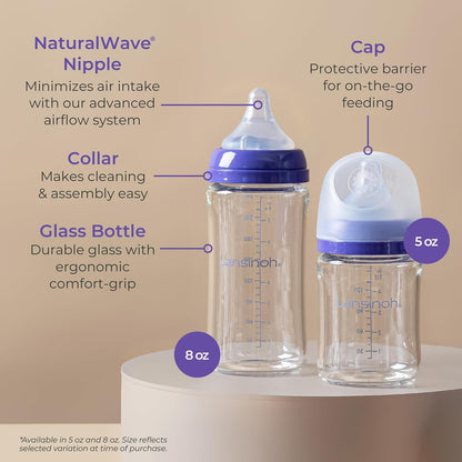 Lansinoh Anti-Colic Glass Baby Bottles, 5 Ounces, 4 Count, Includes 4 Extra Slow Flow Nipples (Size XS, Newborn), Baby Essentials