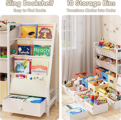 HAVLOTII Toy Storage Organizer - Kids Bookshelf and Toy Storage with 3 Book Shelf and 10 Storage Bins, Montessori Playroom Storage for Toddler, Baby, Book Shelf for Kids Rooms