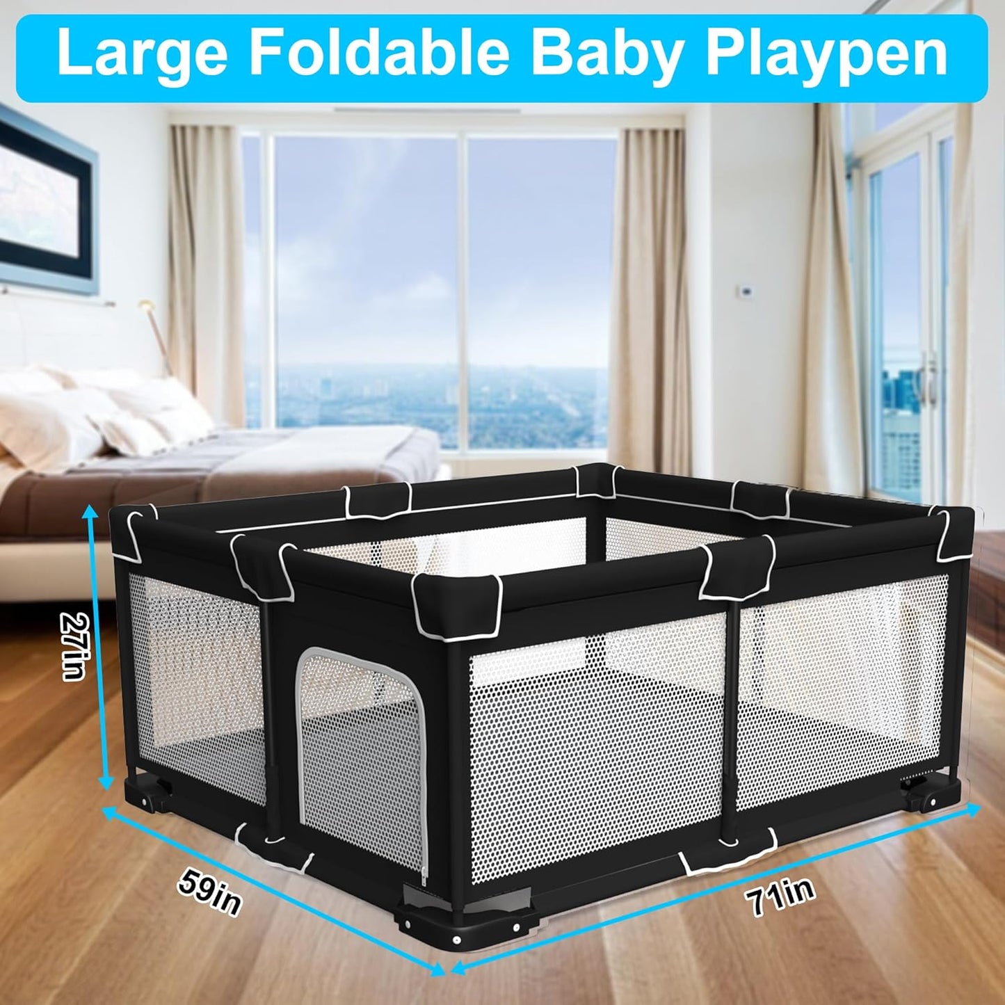 Grobeybees Playpen for Babies and Toddlers, Small Baby Playpen, Playard with Bag, Indoor & Outdoor Play Pen, Sturdy Safety Baby Play Yard with Soft Breathable Mesh(Black, 36x36 inches)