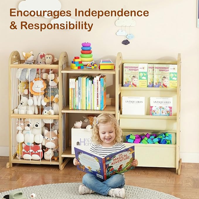 Kids Bookshelf and Toy Storage Organizer, 3-Tier Book Shelf with Stuffed Animal Storage, Kids Toy Book Storage for Bedroom Playroom, Wooden Toy Organizer with 3 Shelves, 49.4" W