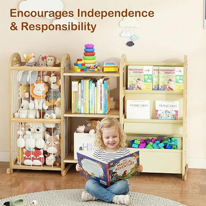 Kids Bookshelf and Toy Storage Organizer, 3-Tier Book Shelf with Stuffed Animal Storage, Kids Toy Book Storage for Bedroom Playroom, Wooden Toy Organizer with 3 Shelves, 49.4" W