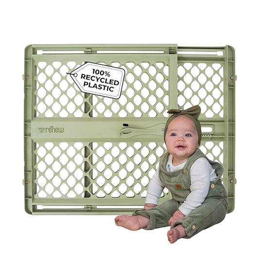 Toddleroo by North States - ReNew 100% Recycled Plastic Baby Gate for Doorway; Sturdy for Indoor & Outdoor Use: Pressure Mounted, No Drill Gate; Made in USA; 26" to 42" Wide, 26" Tall; Sea Grass Green