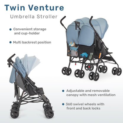 Dream On Me Twin Venture Umbrella Stroller in Pink, Multi Backrest Positions, Adjustable & Removable Canopy Double Stroller, 360°Swivel Wheels with Locks