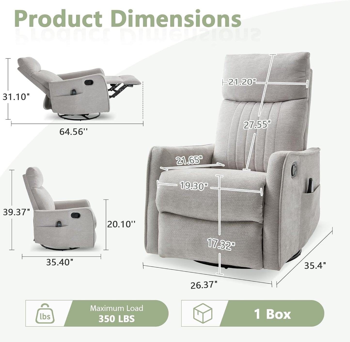 cinkehome Swivel Rocker Recliner, Glider Rocker Recliner Chair for Nursery, Manual Reclining Chair with Heated Massage, Small Spaces, Living Room, Khaki Chenille