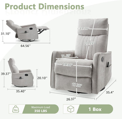 cinkehome Swivel Rocker Recliner, Glider Rocker Recliner Chair for Nursery, Manual Reclining Chair with Heated Massage, Small Spaces, Living Room, Khaki Chenille
