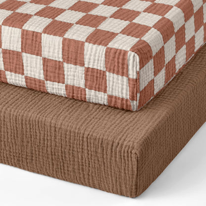 Blissful Diary Muslin Bassinet Sheets for Baby Girls Boys, Boho Soft Cotton Fitted for Oval Hourglass Rectangle Mattress, 2 Pack(Sunshine&Brown)