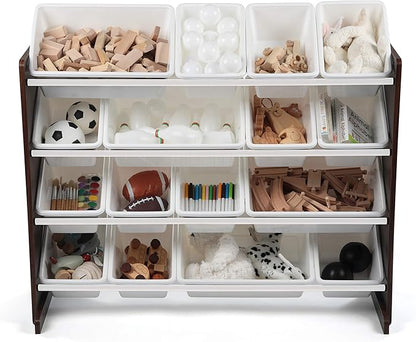Humble Crew Toy Storage Organizer with 16 Removable Storage Bins for Kids Playroom, 4-Tier Toddler Toy Organization and Storage, Espresso/White