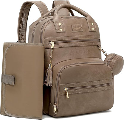 ROSEGIN Premium Vegan Leather Diaper Bag Backpack with Waterproof Changing Pad, Reinforced Zippers & Odor-Free, 20 Pockets Pro Organizer, Fits 15.6" Laptop, Stroller Straps, Baby Bag for Mom, Taupe