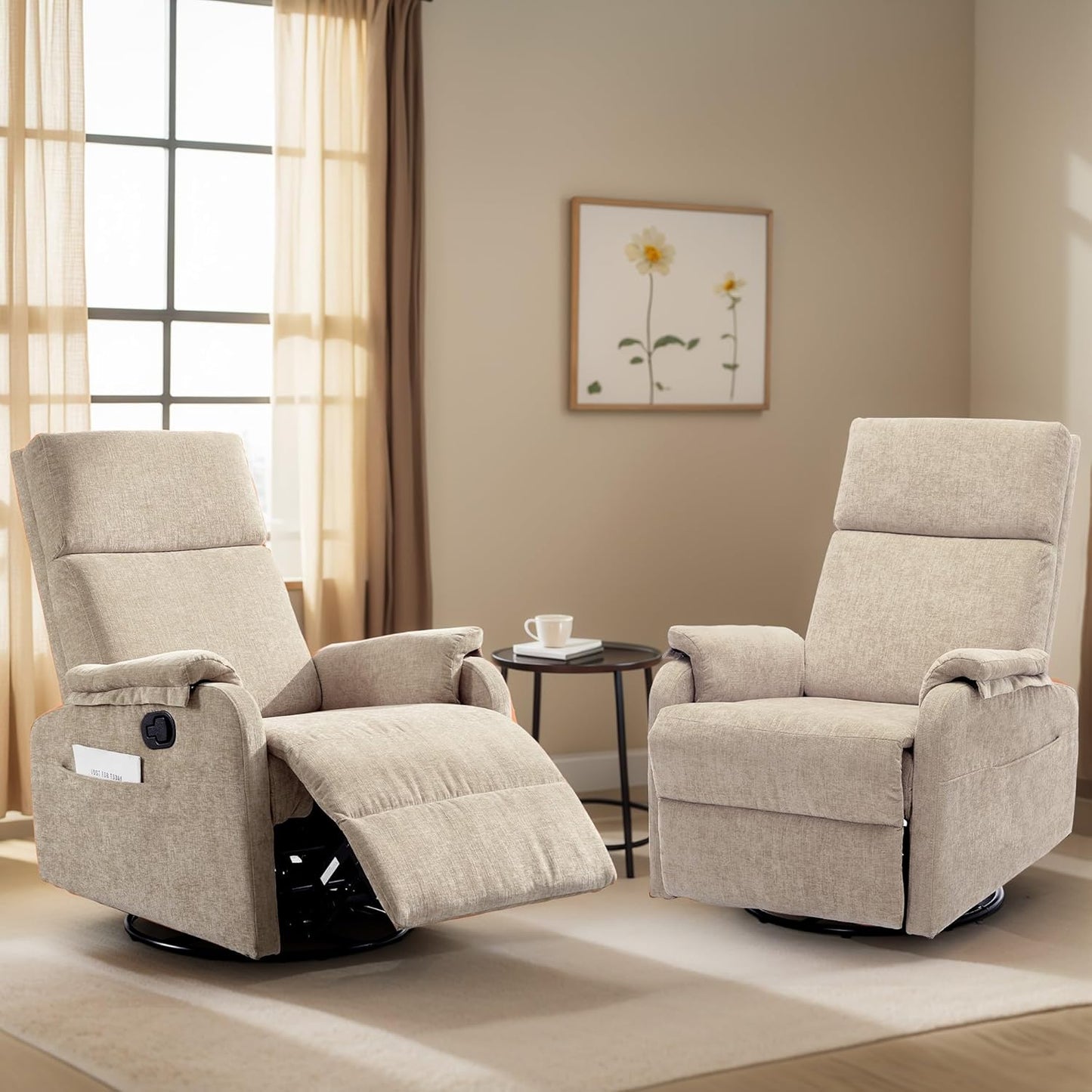Korser Recliner Chair, Swivel Rocking Recliner Chair for Adults, Glider Rocking Chair, Small Nursery Chair Recliner for Living Room, Reclining Chair with Modern-Designed Armrests, Chenille, Beige