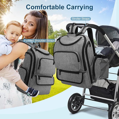 Mancro Diaper Bag Backpack, Baby Diaper Bag with 2 Side Insulated Pockets, Travel Diaper Backpack for Men Women with Stroller Straps, Large Capacity and Waterproof, Grey