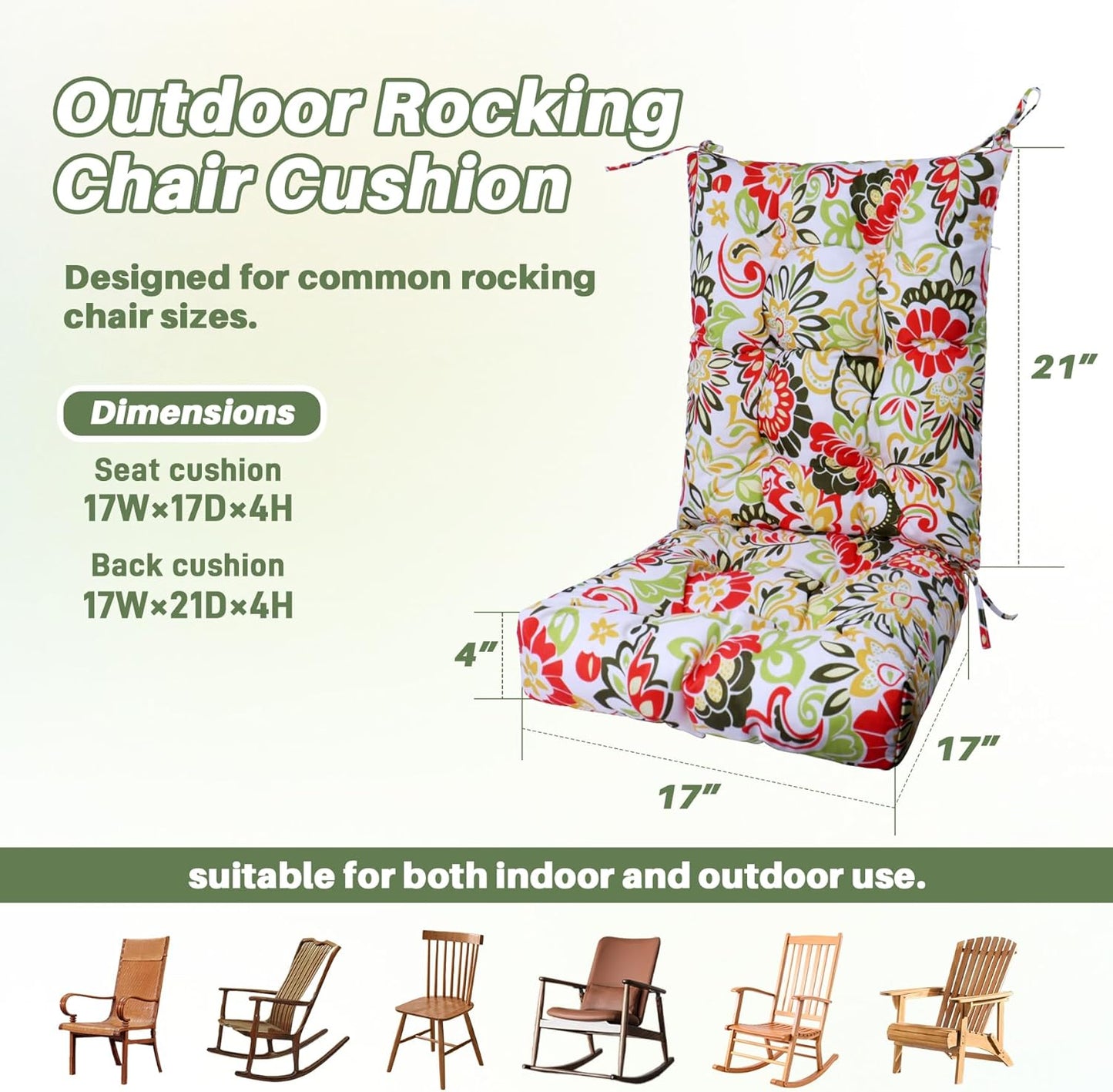 Rocking Chair Cushion with Ties Non-Slip Outdoor Rocking Chair Cushion Set Waterproof Fade-Resistant Porch Garden Patio Glider Rocker Cushions