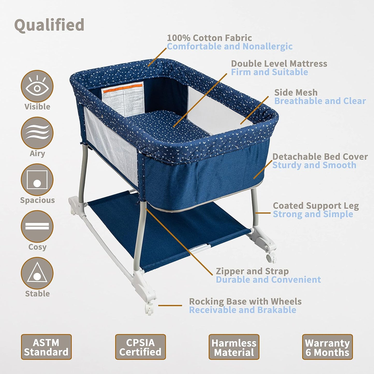 Multi Function Baby Crib Bedside Sleeper Newborn Rocking Bassinet for Infant and Toddler with Wheel Base Portable and Adjustable(Navy Blue)