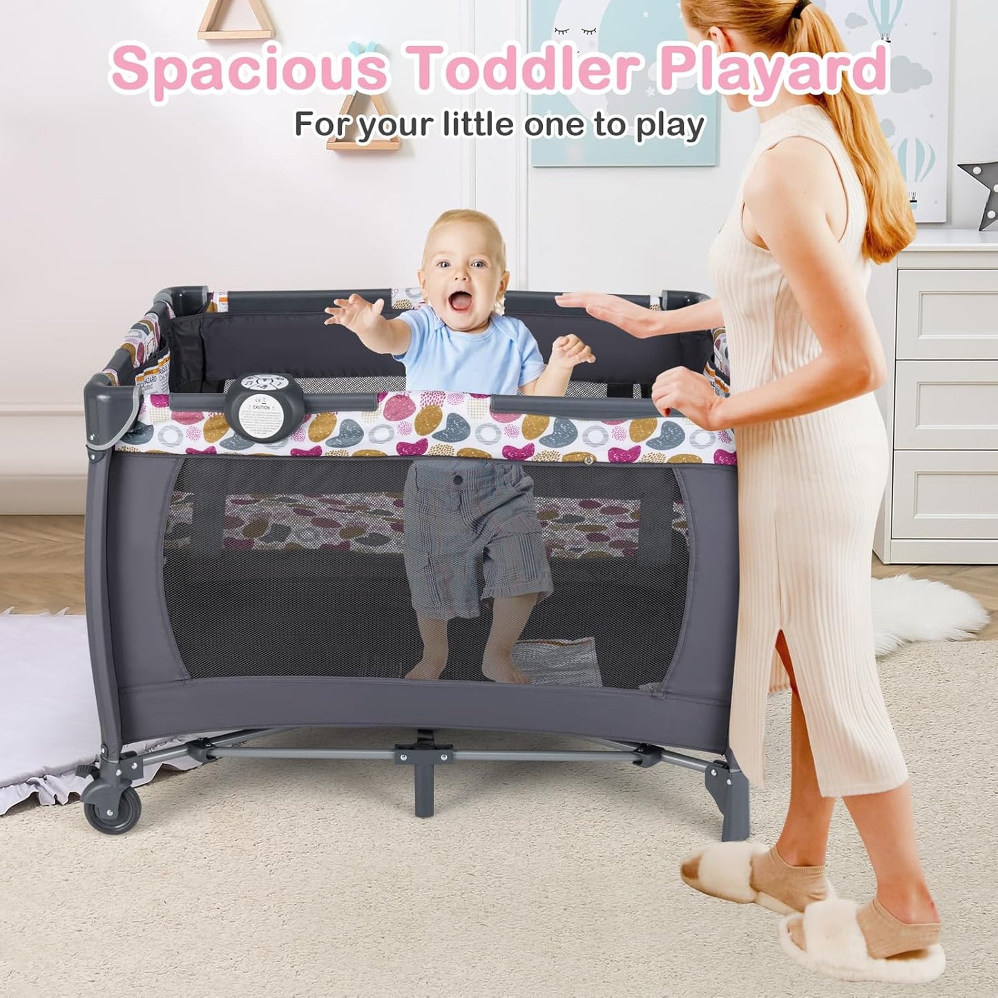 HONEY JOY Pack and Play, 5 in 1 Portable Infant Playpen with Bassinet & Changing Table, Storage Bag, Music Box, Toys, Carry Bag, Nursery Center, Baby Playard Pack n Play Crib for Boys Girls