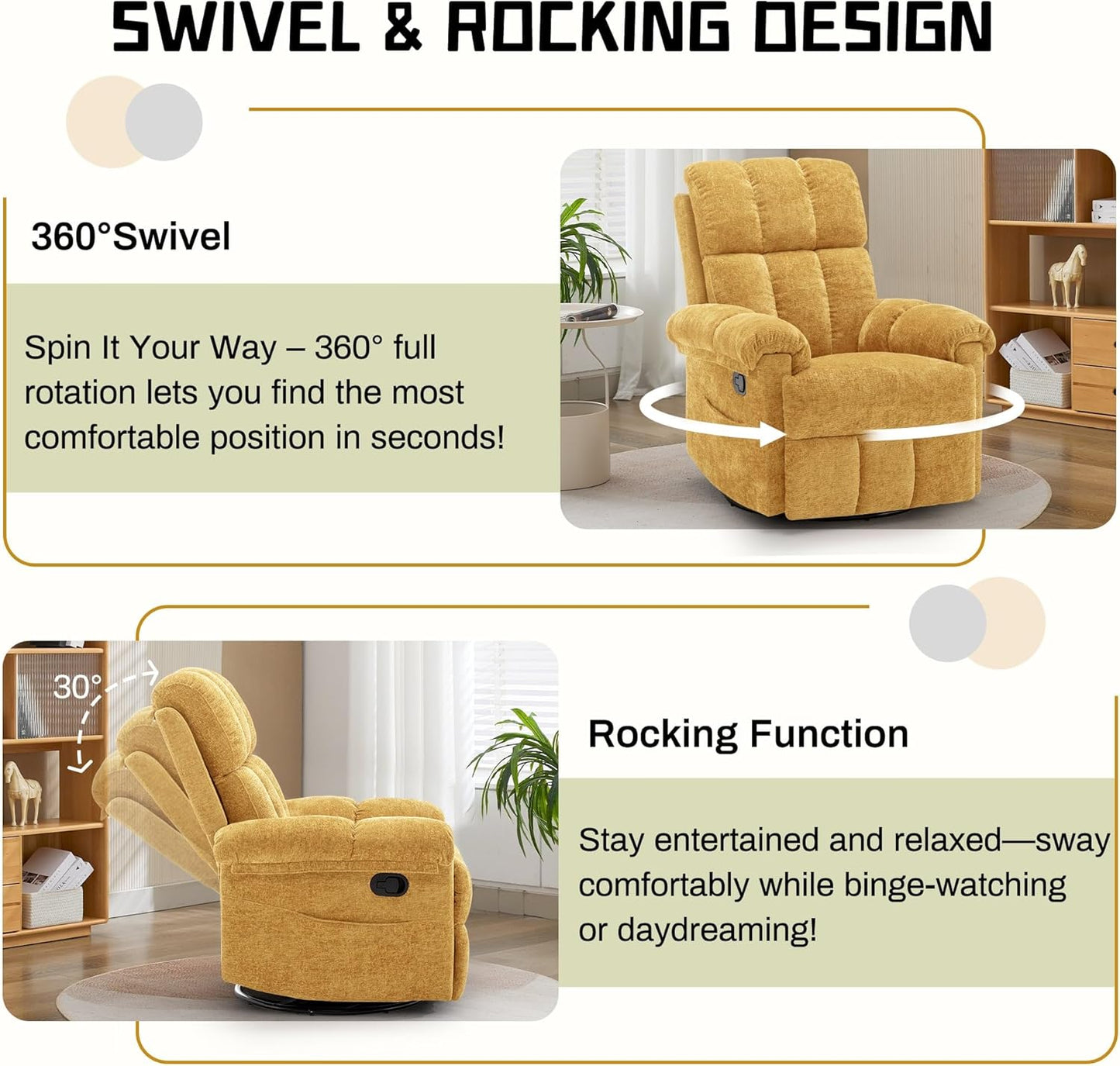 Korser Recliner Chair, Swivel Rocker Recliner Chair for Adults, Small Recliners for Small Spaces, Upholstered Manual Recliner with Side Pockets, Nursery Rocking Chair for Living Room, Chenille, Beige