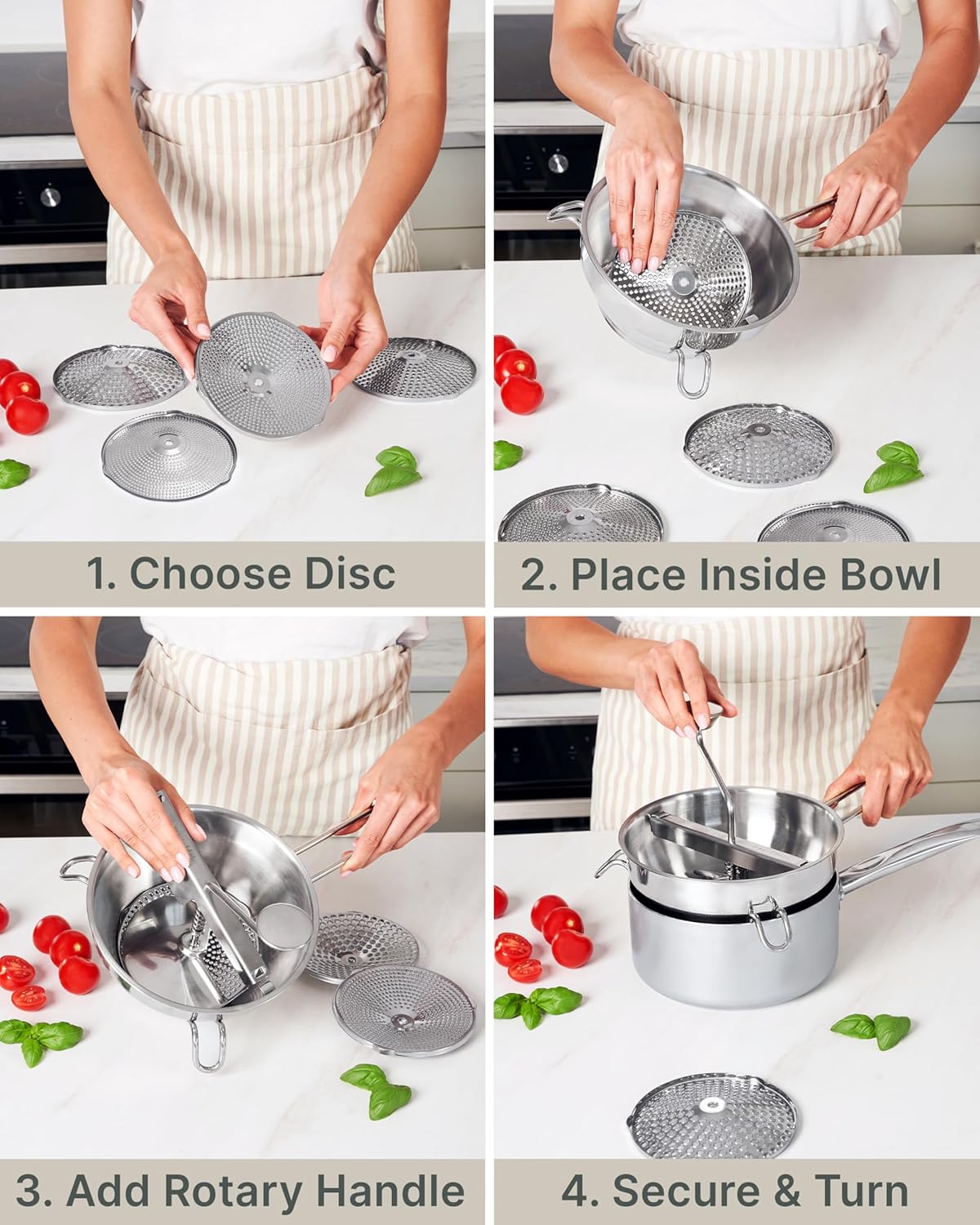 Premium 4-Disc Stainless Steel Food Mill – Ergonomic Rotary Hand Crank for Tomato Sauce, Canning, Applesauce, Baby Food, Mashed Potatoes, Puree & Jams