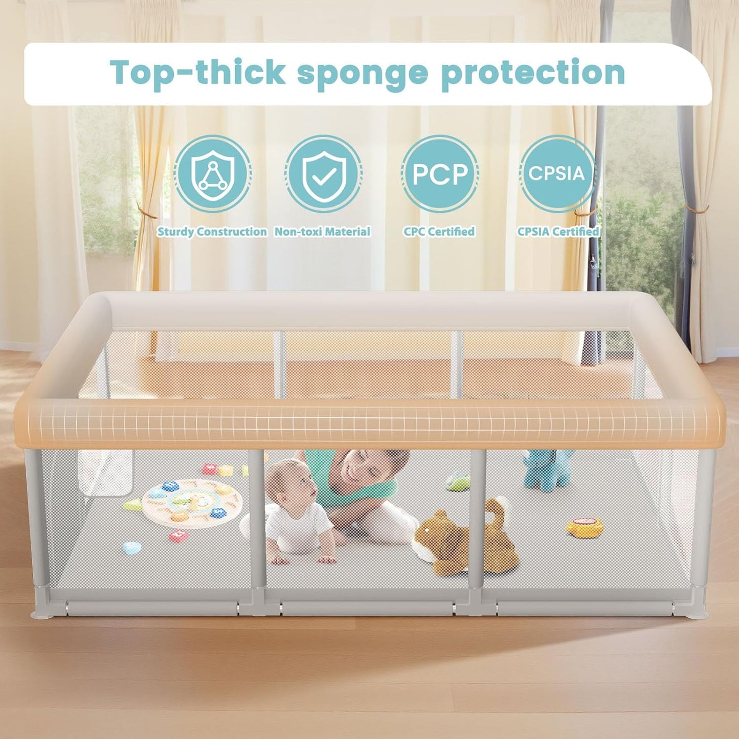besuhot Baby Playpen Extra Large Play Yard 74" x 50" Playpen for Babies and Toddlers with Anti-Slip Suckers and Zipper Gate, Safety Baby Activity Center for Indoor & Outdoor
