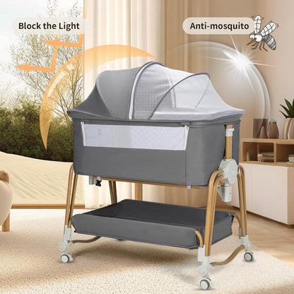 suihuooo 4-in-1 Baby Bassinet, Portable Bassinet Bedside Sleeper with Wheels and Storage Basket, 7 Height Adjustable Breathable Mesh Rocking Bassinet with Mosquito Net for Newborn-White