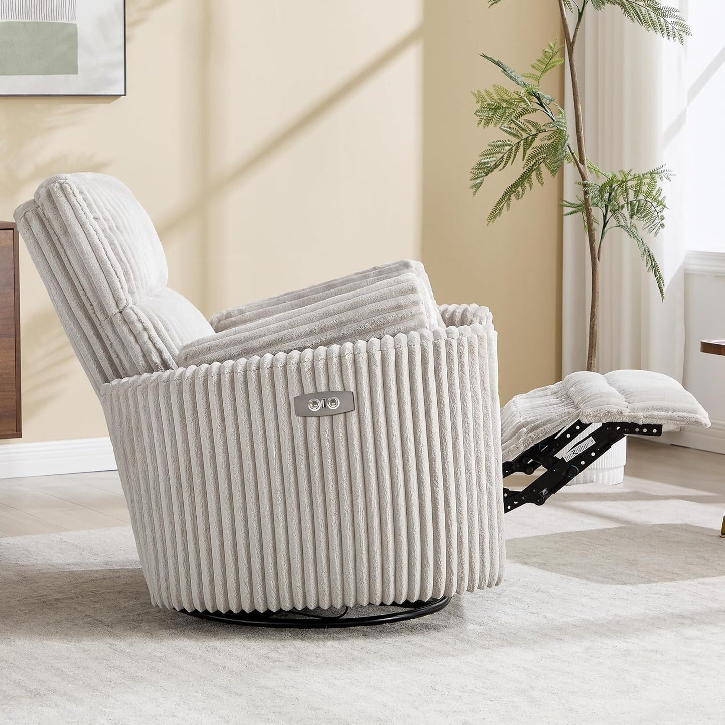 Power Recliner,Nursery Swivel Glider Rocking Chair with USB Port,Upholstered Adult Electric Recliner Rocking Chair with 2 Pillows for Living Room Bedroom (Beige Corduroy, Power-Driven)