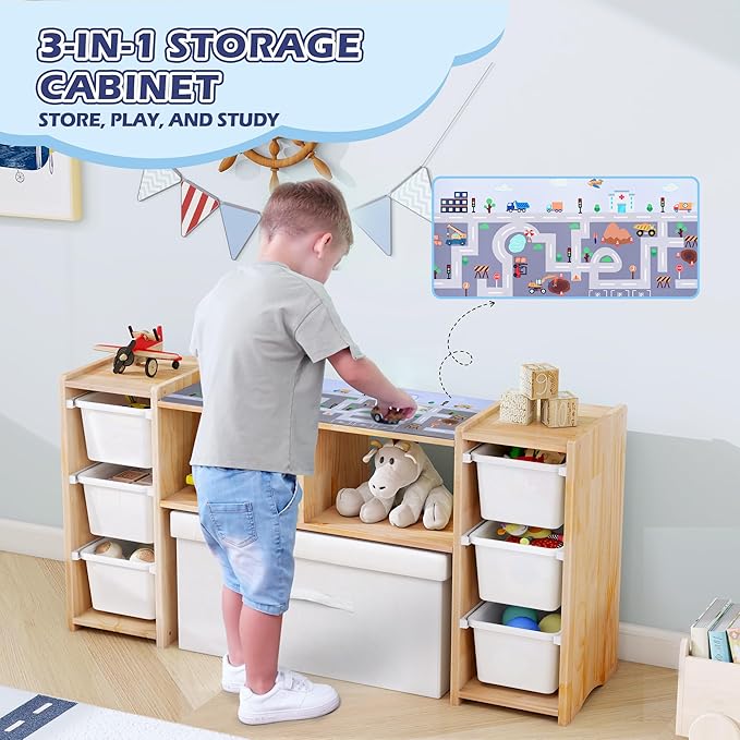 MallBest Montessori Shelf for Kids - 100% Solid Pine Wood with 6 Removable Plastic Bins, Toy Storage Organizer Cabinet for Playroom, Bedroom & Nursery (Natural)