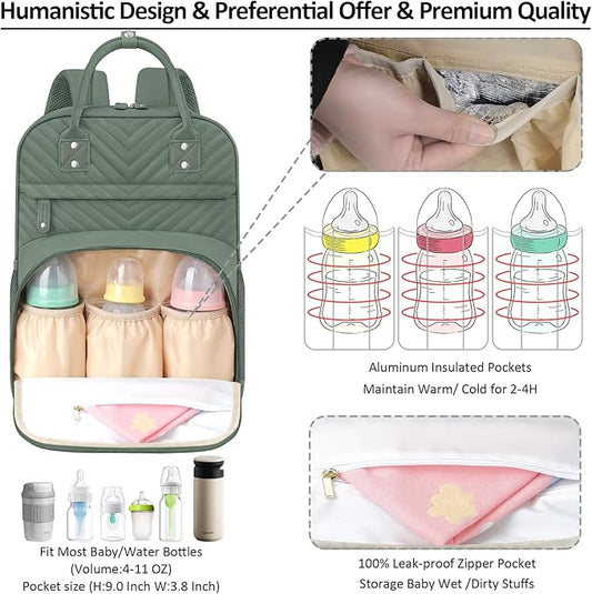 Tenot Diaper Bag Backpack Tote with Insulated Pockets for Men Baby Boys Girls Newborn Unisex Tactical Large Capacity, Multifunctional Waterproof Green