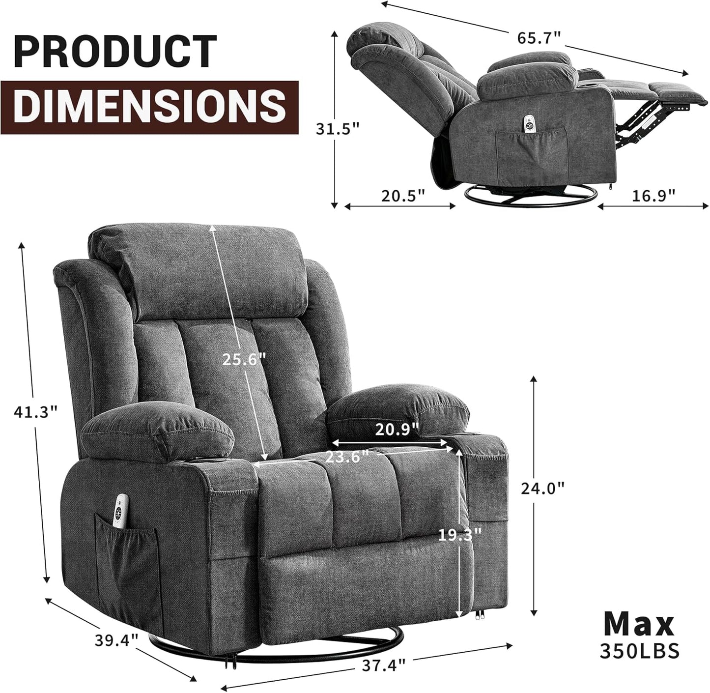 GarveeLife Rocking Recliner Chair for Nursery Glider Recliner with Cup Holder Swivel Rocker with Upholstered Deep Seat Comfy Single Sofa for Living Room Grey
