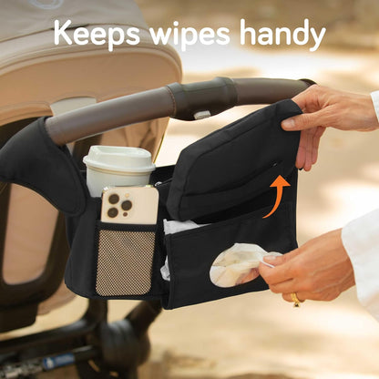 Baby Uma Universal Stroller Organizer Bag - Stroller Caddy Organizer with XL Insulated Cup Holder (x2), Phone Holder, Wipes Dispenser, Zip-Off Wrist Bag & Clip-On Shoulder Strap, Baby Travel Gear