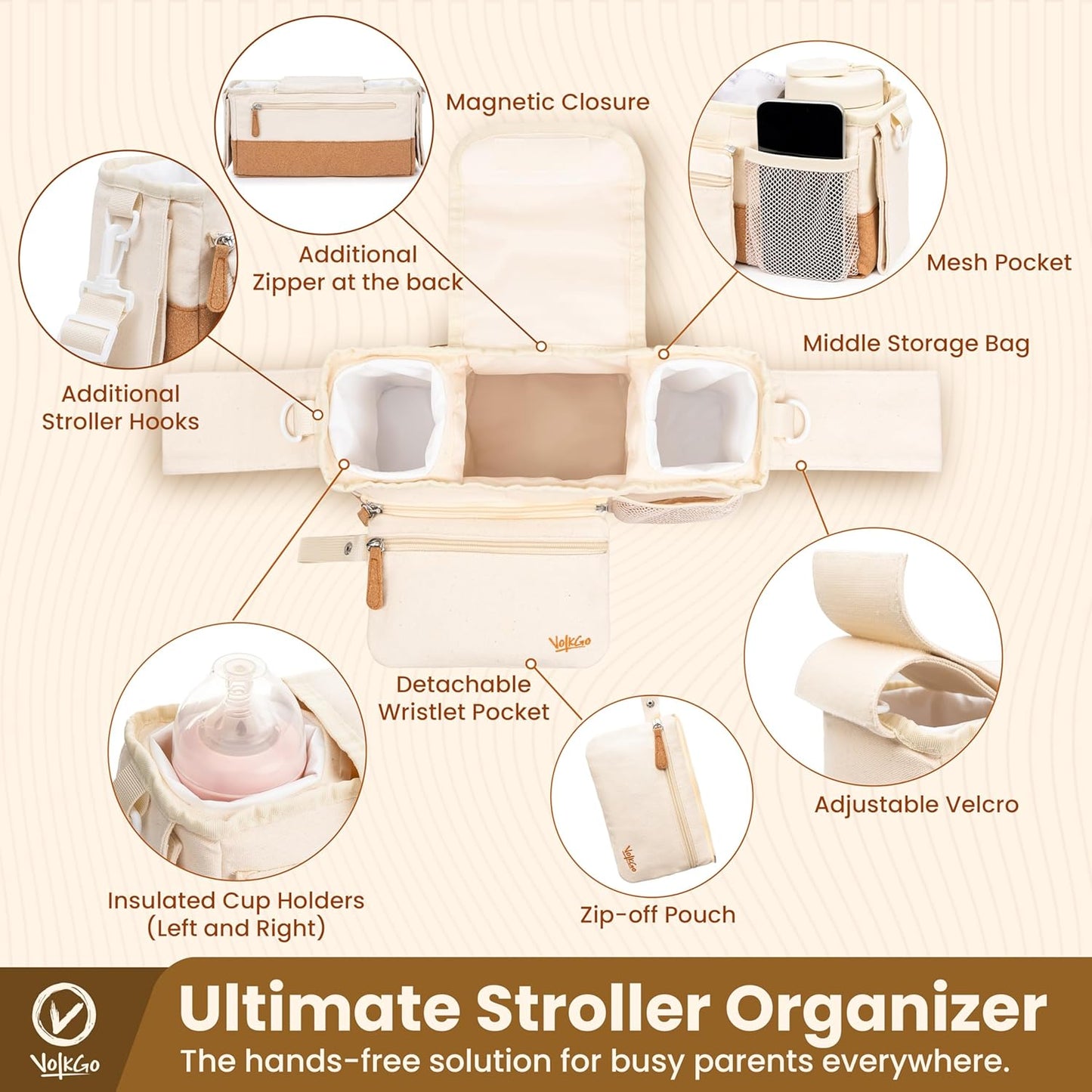 V VOLKGO Stroller Caddy with Cup Holder - Stroller Organizer Bag for Baby Travel Gear, Baby Bottle Organizer & Baby Diaper Caddy | Insulated XL 40oz, Detachable Wristlet, Premium Canvas & Natural Cork