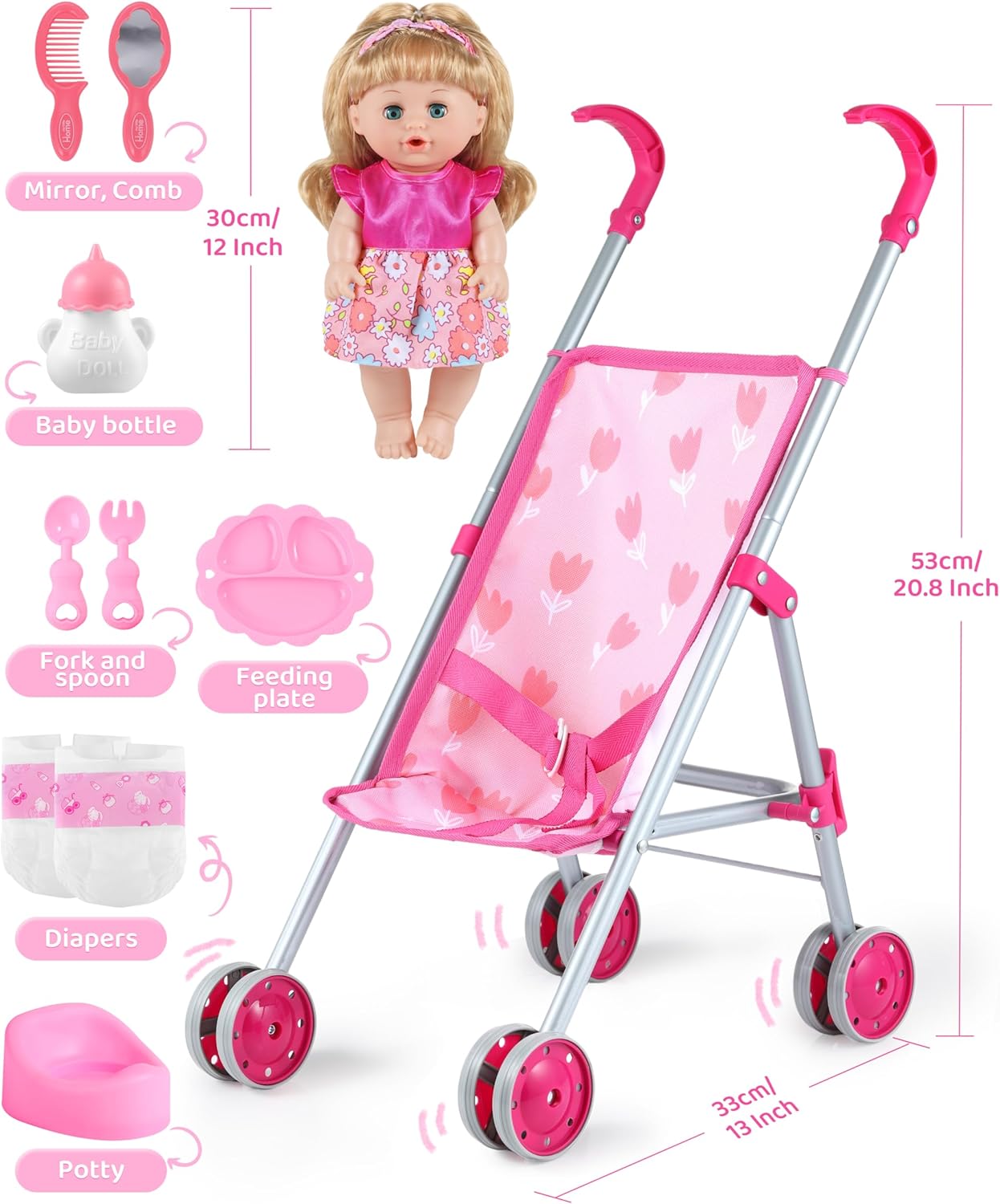GAGAKU Baby Doll Stroller for Toddlers, Foldable Toy Stroller with Storage Basket and Bag, Diapers - Reborn Doll Accessories for Girls & Kids Ages 3+, Pink