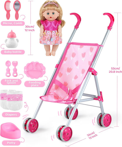 GAGAKU Baby Doll Stroller for Toddlers, Foldable Toy Stroller with Storage Basket and Bag, Diapers - Reborn Doll Accessories for Girls & Kids Ages 3+, Pink