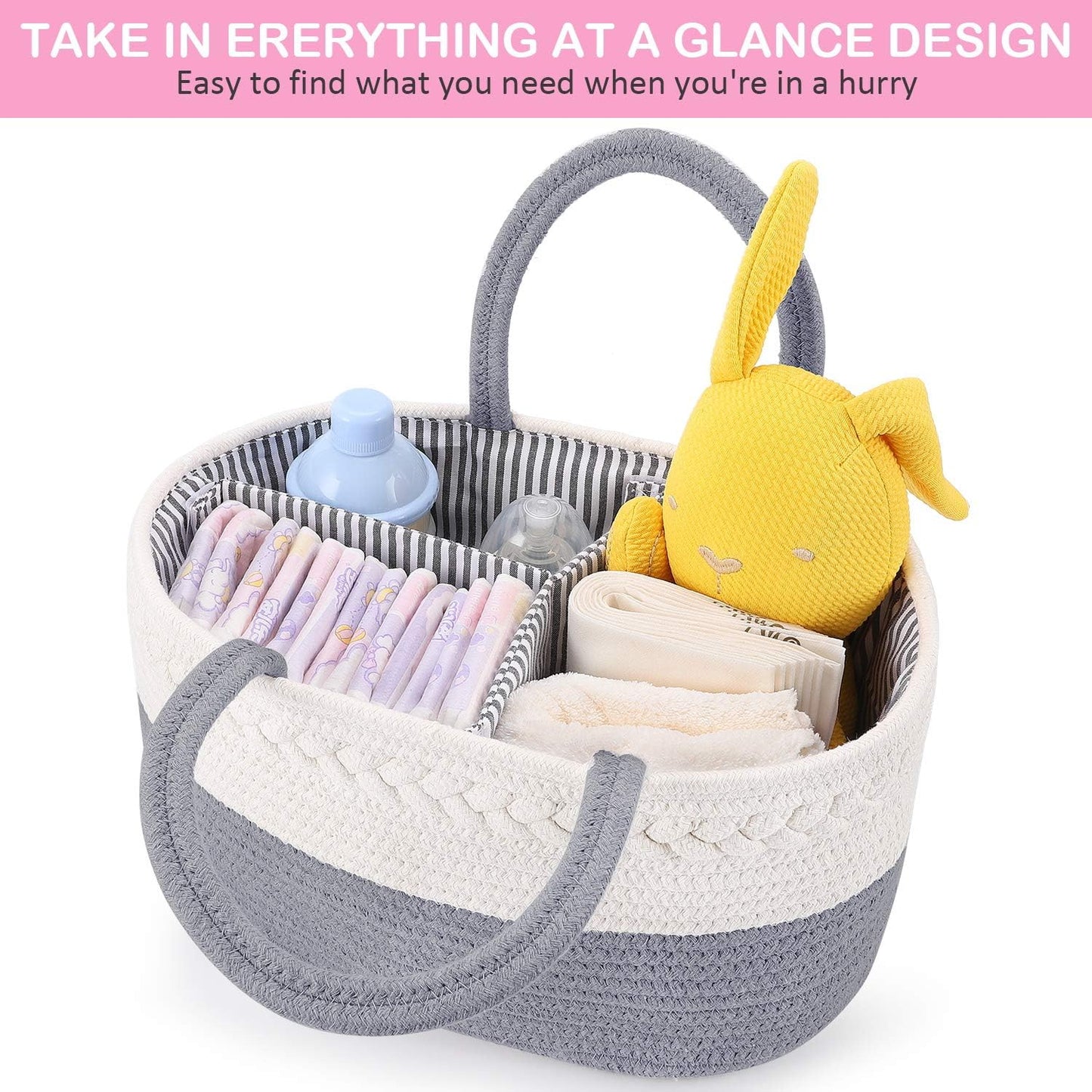 ABenkle Baby Diaper Caddy, Nursery Storage Bin and Car Organizer for Diapers and Baby Wipes, Cotton Rope Diaper Basket Caddy, Changing Table Diaper Storage Caddy