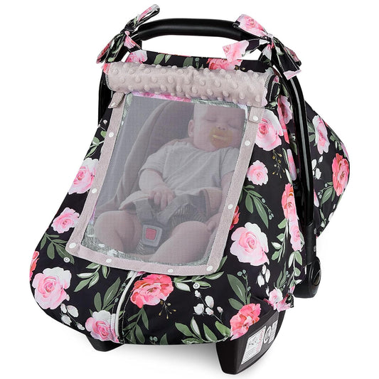 FIOBEE Baby Car Seat Cover, Car Seat Covers for Babies Infant Car Seat Canopy with Breathable Mesh Window Waterproof Carseat Cover for Babies Boy Girl 4 Seasons, White/Cow