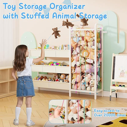 B6 Toy Storage Organizer with Stuffed Animal Storage, 3-Tier Wooden Shelves and 8 Bins, Toy Shelf Organizer, Kids Bookshelf and Toy Storage for Kids Room, Bedroom, Playroom, Nursery, White
