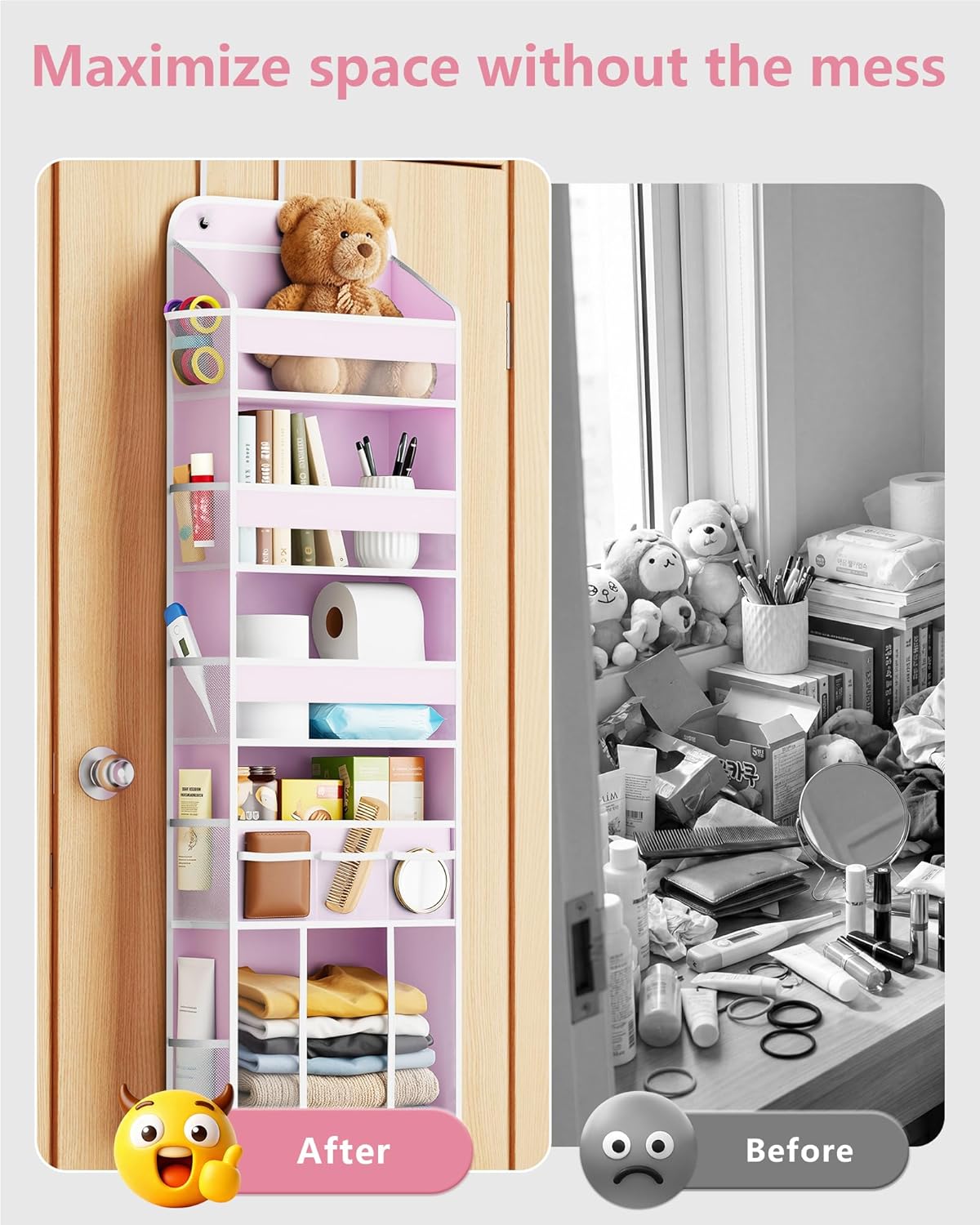 OneDream Over the Door Organizer for Nursery, 5-Tier Baby Clothes Organizer with Removable Storage Caddy, Hanging Behind Door Storage with Clear Pockets and Side Mesh Compartments, Grey