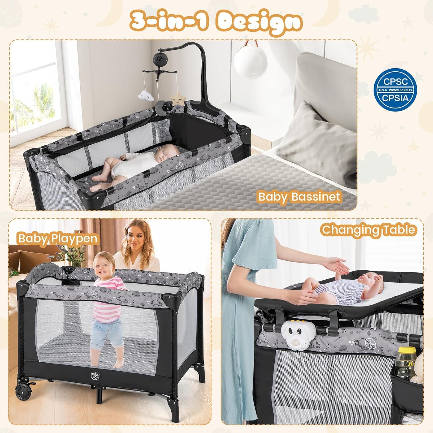 BABY JOY 3 in 1 Pack and Play, Portable Baby Playard with Bassinet, Changing Table, Lockable Wheels, Glowing Music Box, Travel Baby Crib Bassinet Bed from Newborn to Toddler