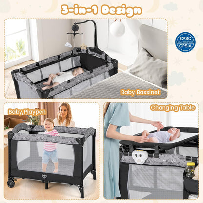 BABY JOY 3 in 1 Pack and Play, Portable Baby Playard with Bassinet, Changing Table, Lockable Wheels, Glowing Music Box, Travel Baby Crib Bassinet Bed from Newborn to Toddler