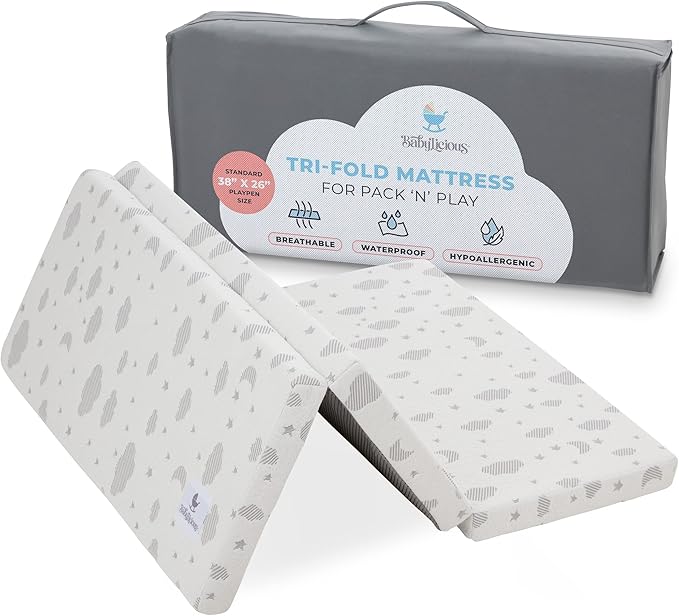 Babylicious Waterproof Pack and Play Mattress Topper | 38" x 26" x 1.5" | Trifold Style - Breathable Soft Plush Foam - Portable Mattress Topper- Baby Foam Mattresses for Babies