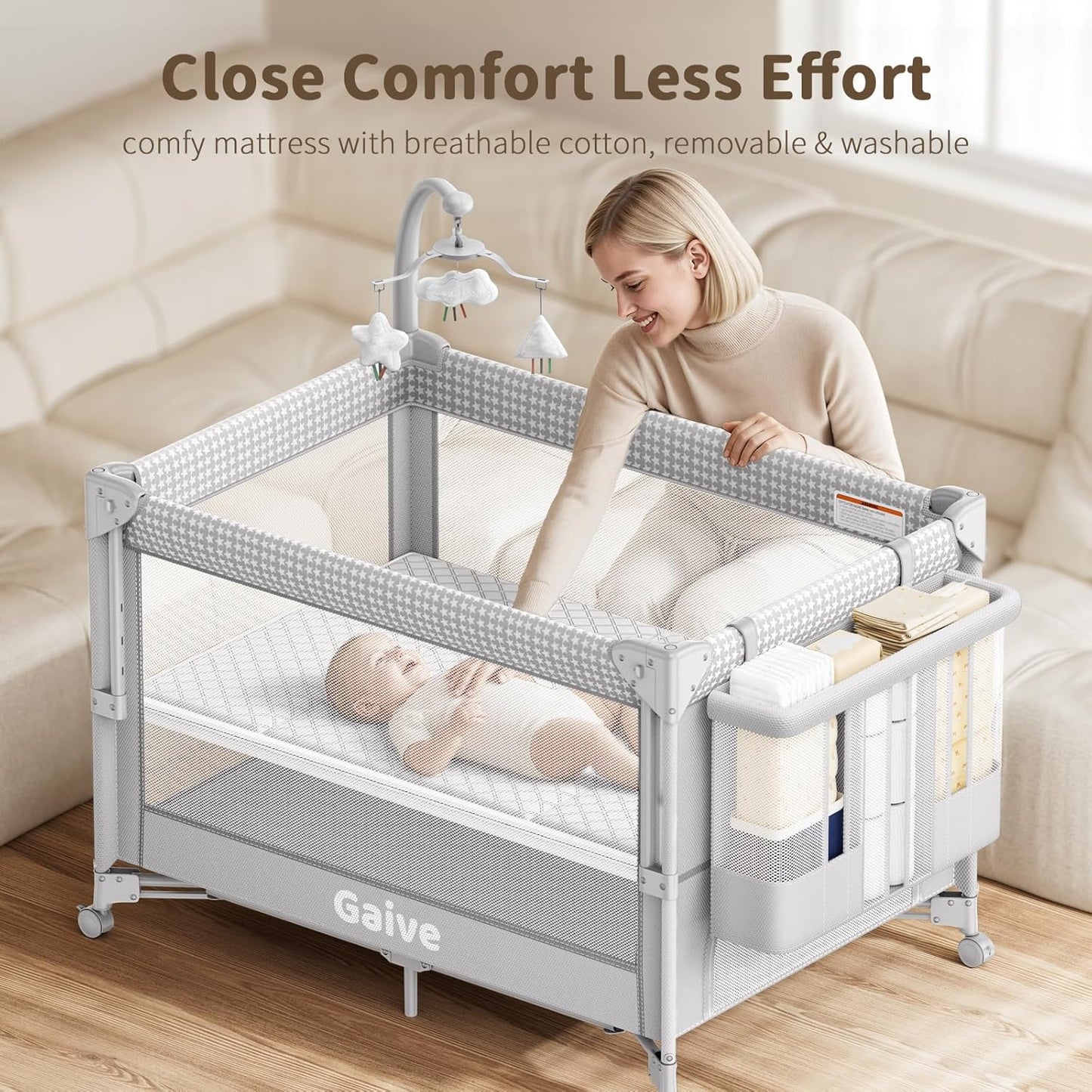 GAIVE 4 in 1 Baby Bassinet, One-Push Setup Pack and Play, Bedside Crib Sleeper with 3 Height Adjustable，Diaper Changer, Come with Comfy Mattress, Rotating Toy Bar, from Infants to Toddlers (Grey)
