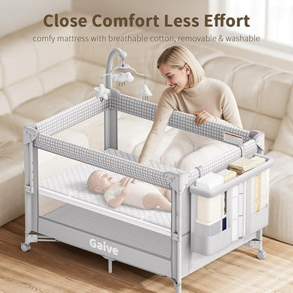 GAIVE 4 in 1 Baby Bassinet, One-Push Setup Pack and Play, Bedside Crib Sleeper with 3 Height Adjustable，Diaper Changer, Come with Comfy Mattress, Rotating Toy Bar, from Infants to Toddlers (Grey)